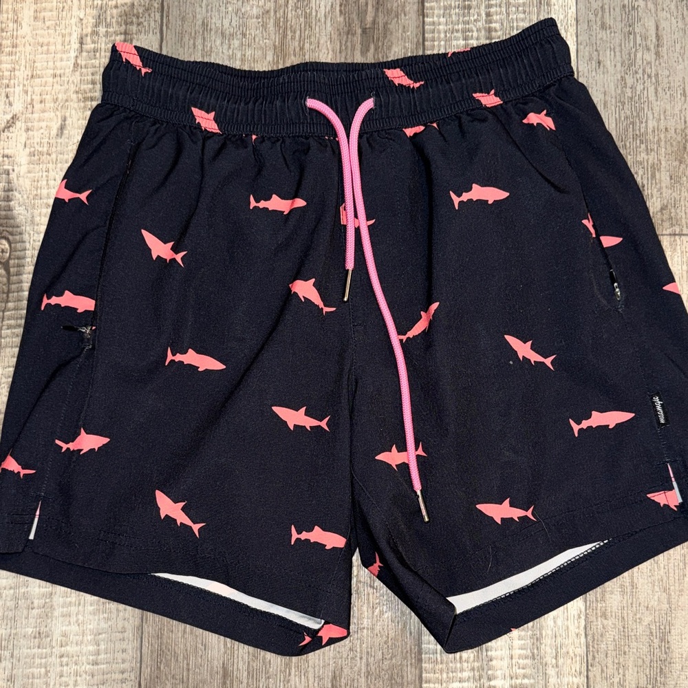 NWOT-MAAMGIC Navy Swim Shorts with Pink Shark Print-size XS